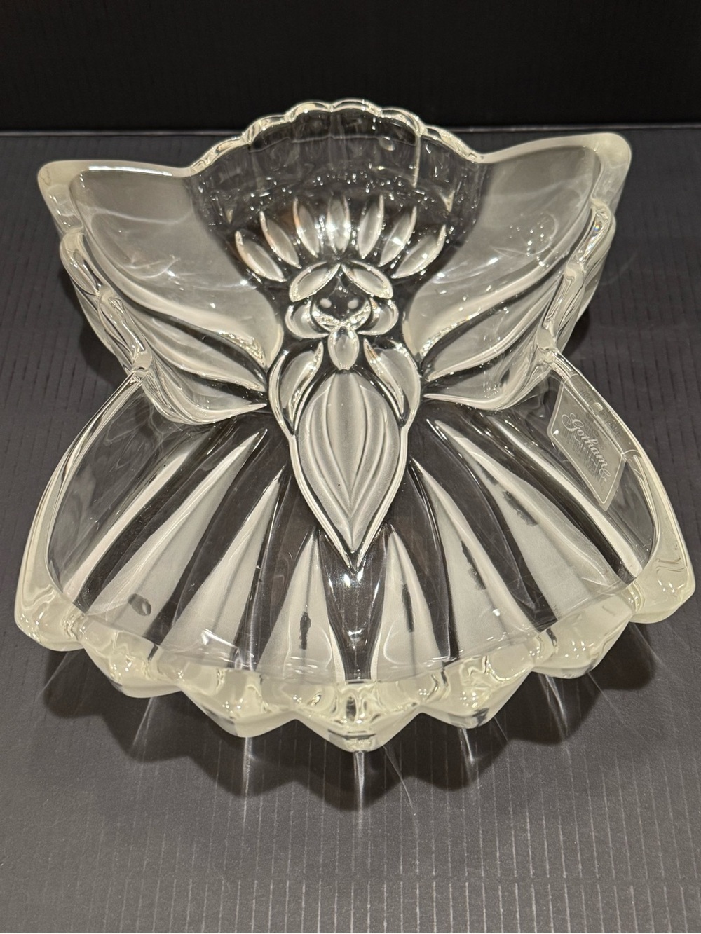 Vintage Gorham Holiday “Angel of Peace” clear & frosted crystal candy dish.